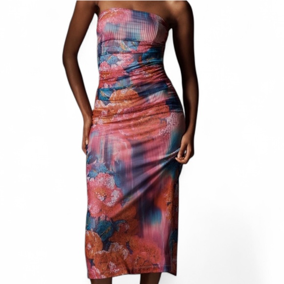 Anthropologie Dress Strapless Ruched Mesh Pink Blue Purple SIZE MEDIUM NEW - Picture 4 of 4